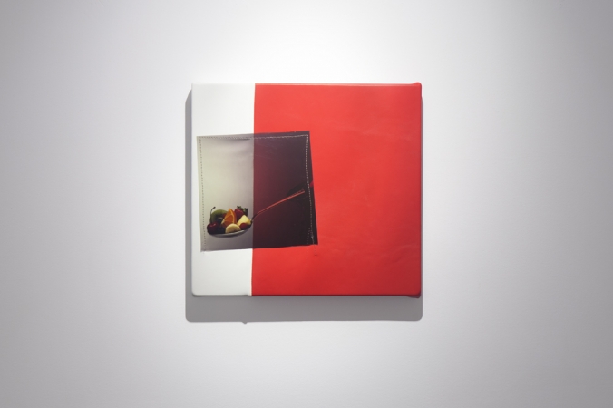 Jude Broughan<br /> <i>Label,&nbsp;</i>2016<br /> Large format positive film transparency, leather, stretched vinyl and thread<br /> 14 x 15" (unique)&nbsp;