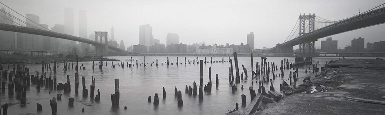 Jed Devine<br /> <em>Rotted Pilings Between the Manhattan and Brooklyn Bridges,</em><br /> <em>from Plymouth Street, Brooklyn, 1982-3</em><br /> 2 x 6.5", Platinum-Palladium on Japanese rice paper