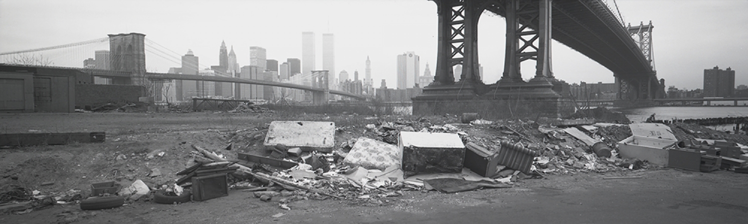 Jed Devine<br /> <em>Refuse Dumped Below the Manhattan Bridge,&nbsp;</em><br /> <em>from John Street, Brooklyn, 1984</em><br /> 2 x 6.5", Platinum-Palladium print on Japanese rice paper