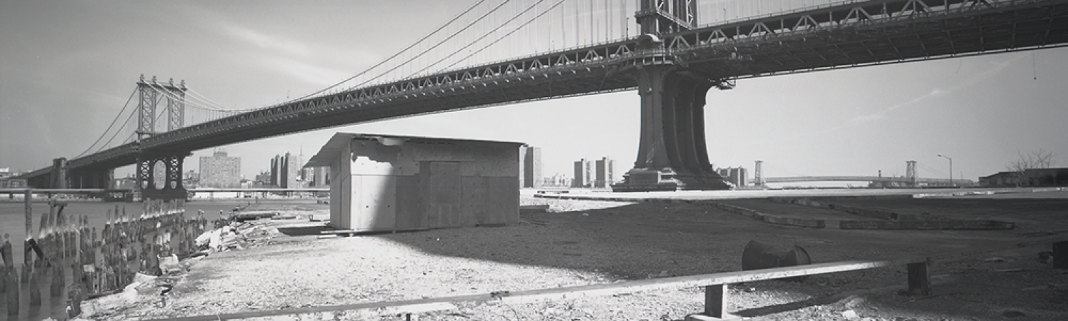 Jed Devine<br /> <em>Manhattan Bridge with Workshed,&nbsp;</em><br /> <em>from Plymouth Street, Brooklyn, 1992</em><br /> 2 x 6.5", Platinum-palladium print on Japanese rice paper