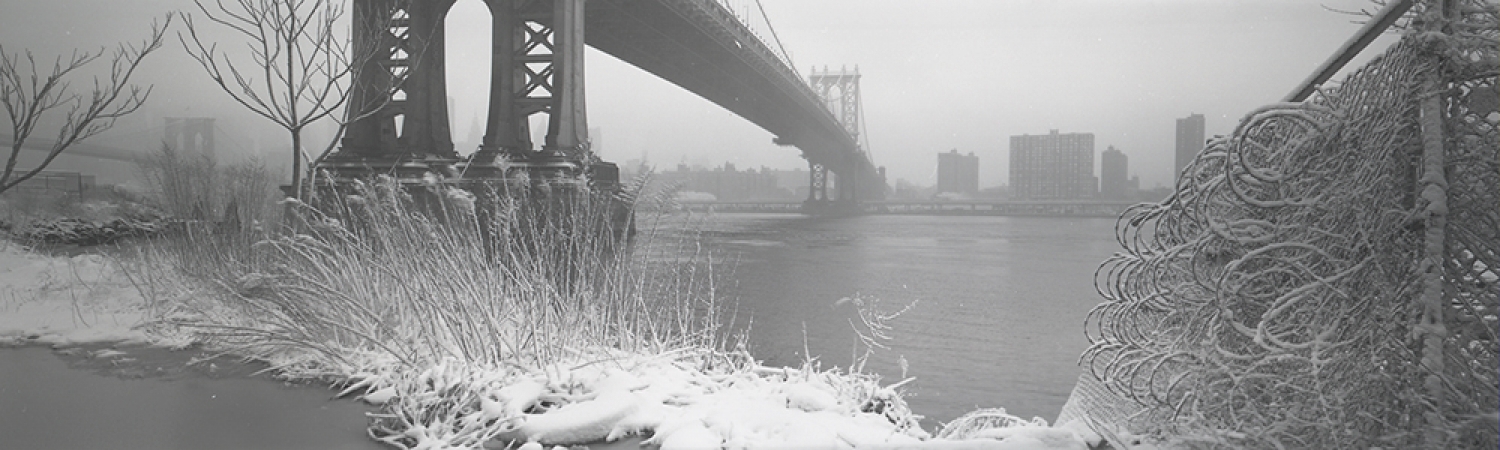 Jed Devine<br /> <em>Sunday Snow with Manhattan Bridge,</em><br /> <em>from John Street, Brooklyn, 1991</em><br /> 2 x 6.5", Platinum-palladium print on Japanese rice paper