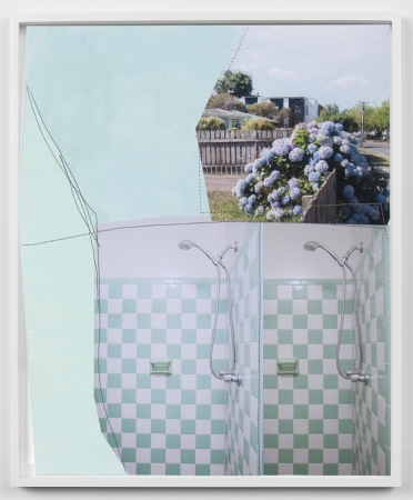 Jude Broughan, Diaspora II (Hollywood FL, Hamilton NZ, hydrangea)2020, 16 x 14 inches, pigment prints, acrylic paint, thread, unique