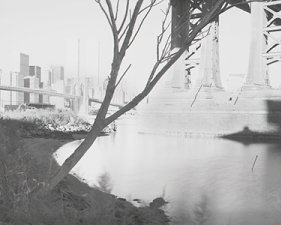 Jed Devine<br /> <em>Morning Light on the Manhattan Bridge,&nbsp;</em><br /> <em>from John Street, Brooklyn, 1995</em><br /> 2 x 6.5", Platinum-palladium print on Japanese rice paper