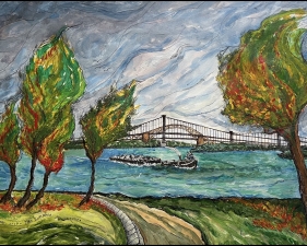 Dennis Powers, "East River, New York City" Pencil, Acrylic, Pen and Ink, 2024